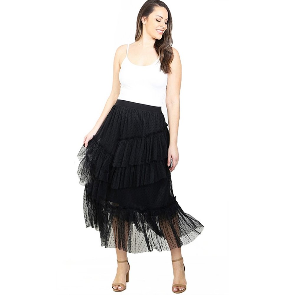Victorian Gothic PLUS Polka Dot Tulle Mesh Layers Ruffle Tiered Midi Skirt 4007X